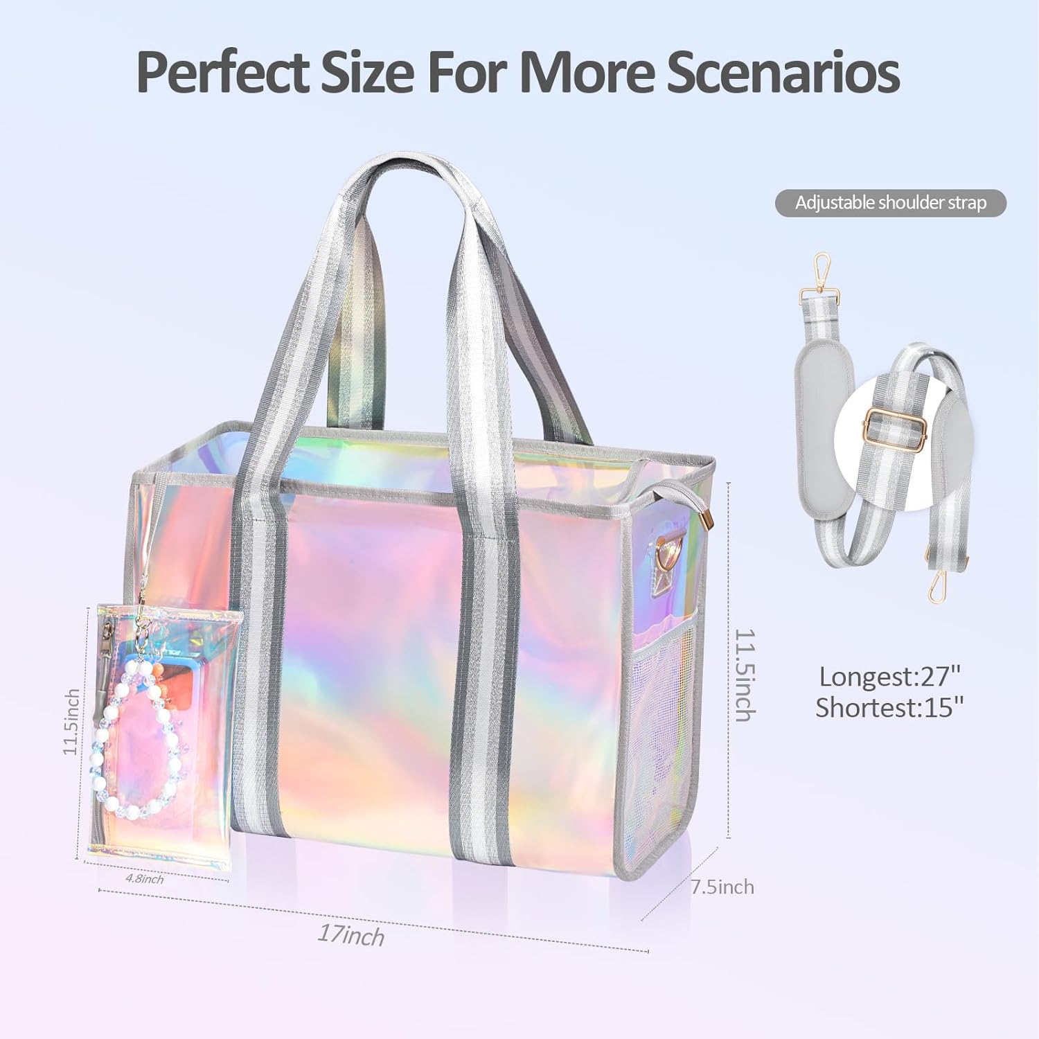 Beach Bag 26L Large Iridescent Waterproof Beach Tote Bag for Women with Zipper & Phone Pouch Sand/Tip-Proof Crossbody - Image 6