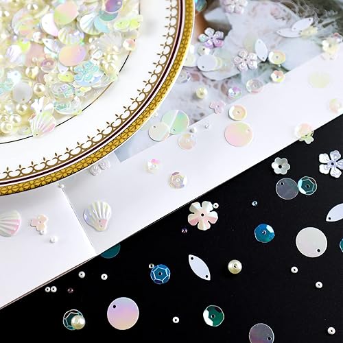 Miniatura 6 de Mezcla de lentejuelas blancas claras y cuentas de lentejuelas para manualidades, lentejuelas iridiscentes de cristal y cuentas de perlas, variedad
