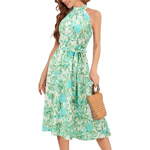 Bbonlinedress Women Floral Midi Dress 2026 Halter Summer Spring Boho Casual Beach Vacation A-line Flowy Sun Dresses