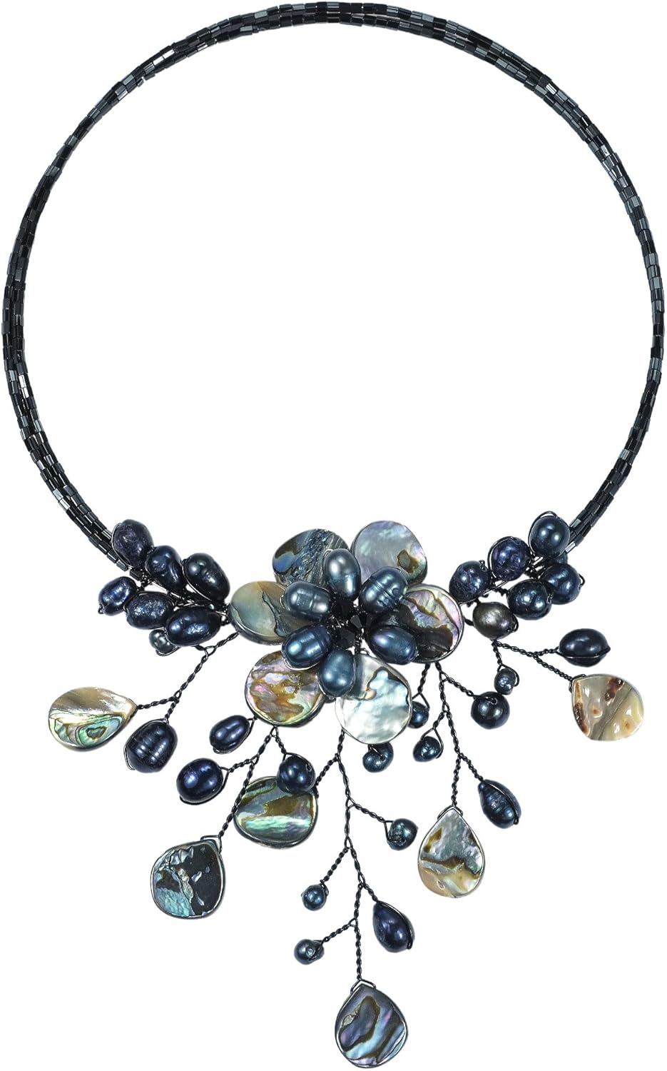 Pretty Black Abalone Shell Flower Ray Choker Wrap Necklace