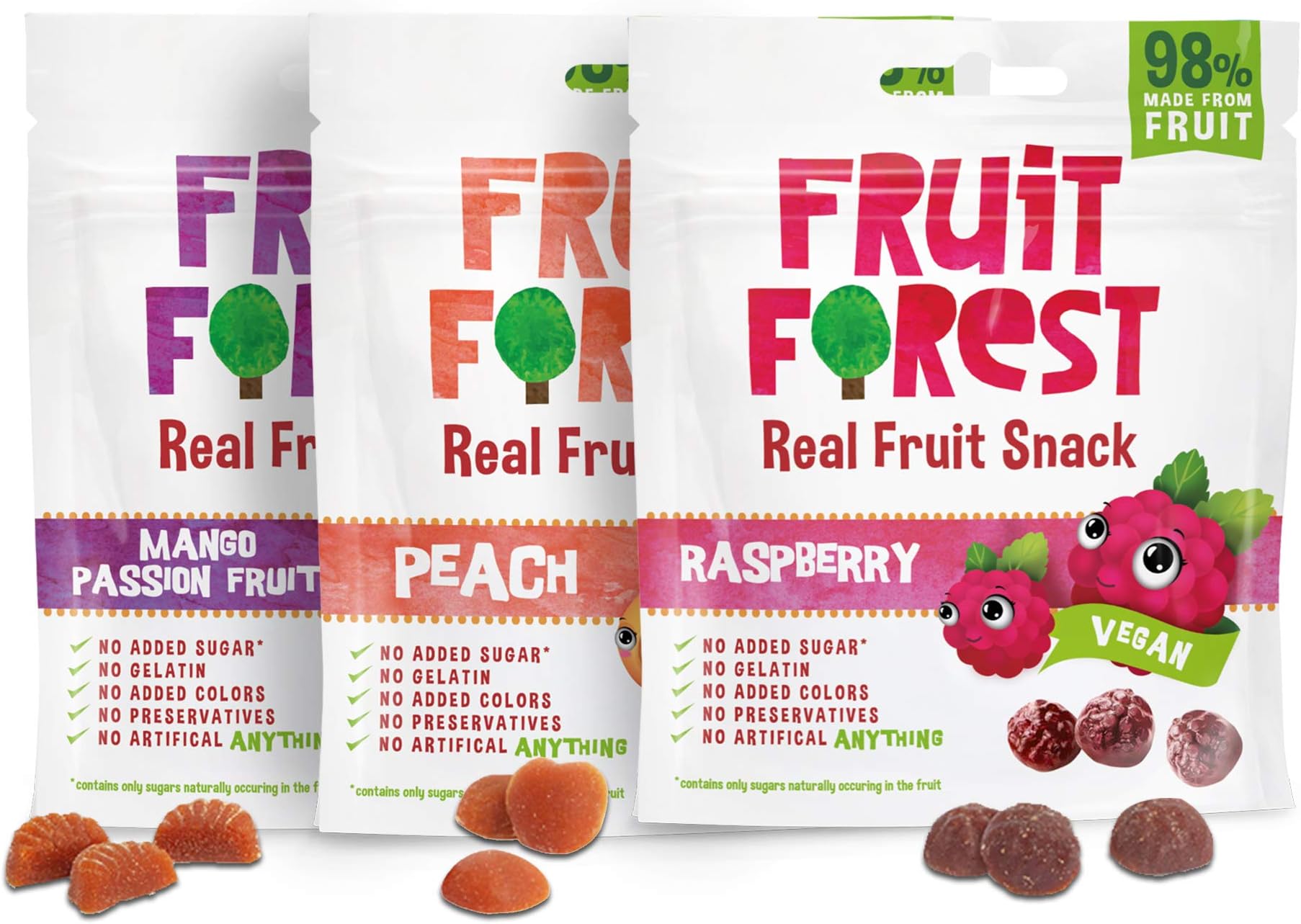 Fruit Forest Real Fruit Gummy Combo Pack of 3 | Vegan | No Added Sugar | 100% Natural | for Kids & Adults | Gluten Free | Low Calorie Snack | Mango Passion Fruit, Raspberry and Peach Combo Pack (1 Each)