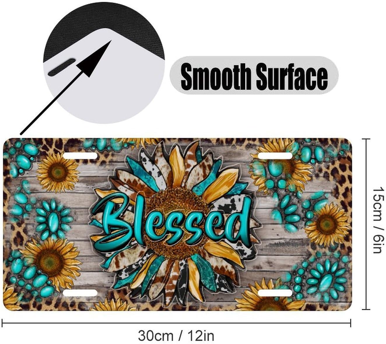 Blessed Sunflower License Plate for Women – Turquoise Teal Leopard Rustic Floral Car Tag – Cute Western Cowgirl Aesthetic Decorative Front Plate for Truck SUV