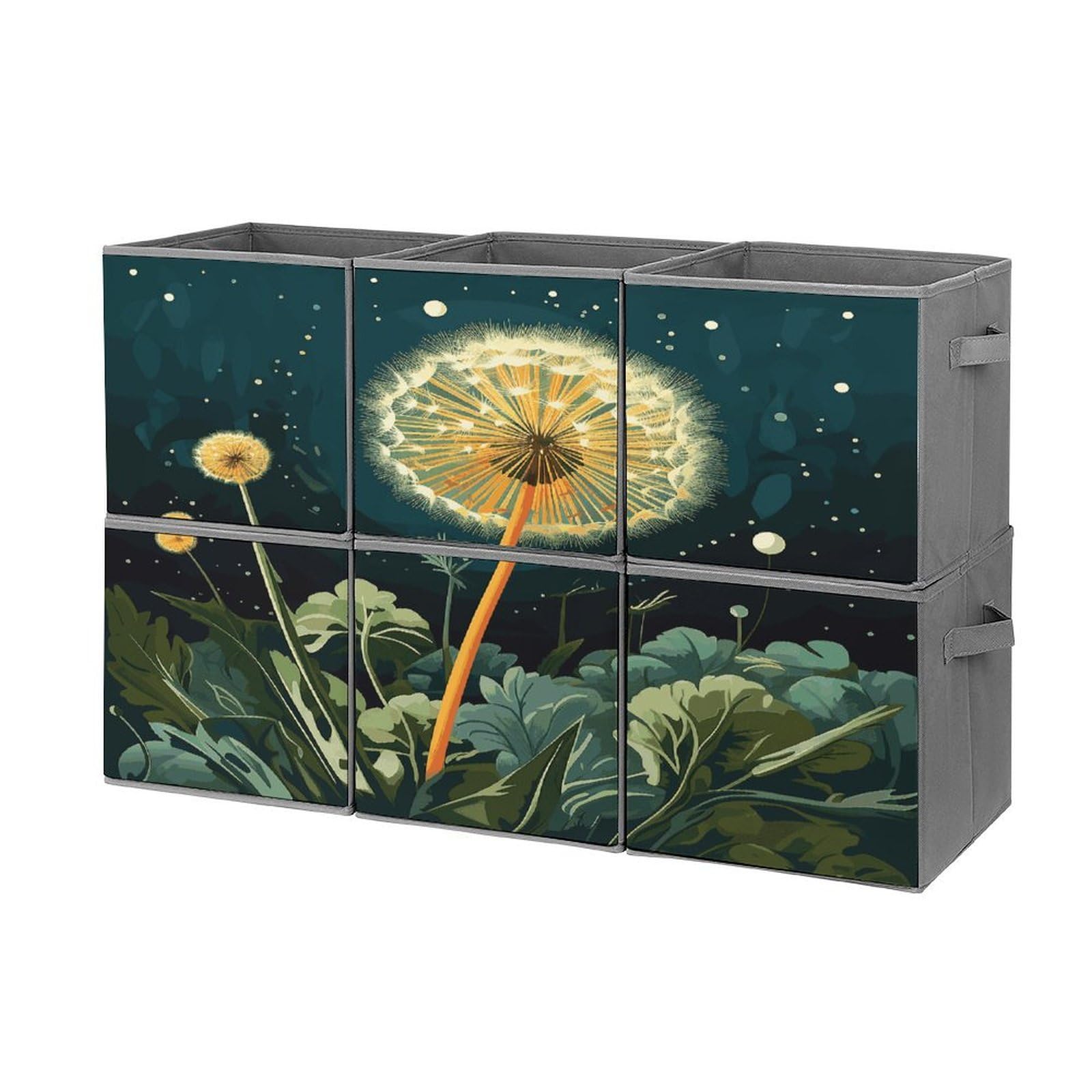 Btcowzrv Style Dandelions At Night Storage Cubes, 6 Pack Oxford Fabric Foldable Collapsible Bins With Handles, Cubby Storage Baskets Boxes For Closet Shelves Office Organization