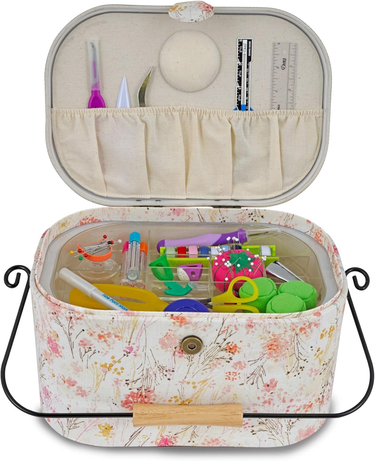 Dritz Large Oval Sewing Basket with Metal Handle, Vintage Floral Watercolor Print