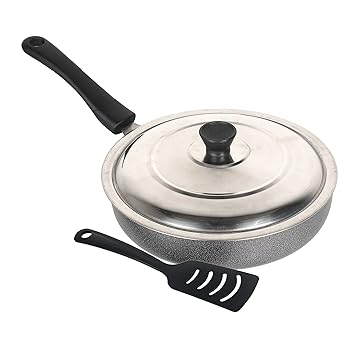 Colourtales Nonstick Dual Coating Gas Compatible Aluminium Fry Pan with Stainless Steel Lid PFOA Free for Oil Free Healthy Cooking with Food Grade Spatula - Black (Size 240 mm / 2.6 mm Thick)