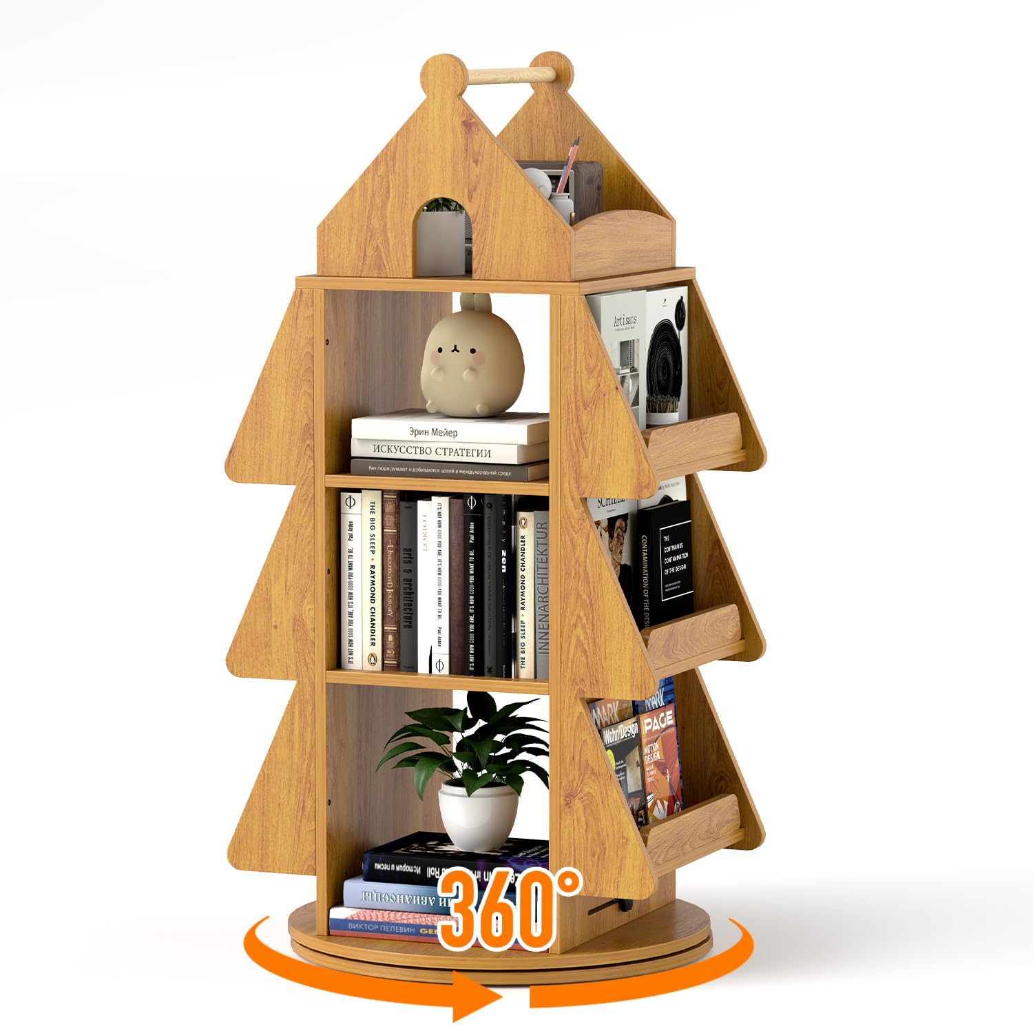 360 ° drehbares Bücherregal, Weihnachtsbaum-Display, Bücherregal, kreativ, bodenstehend, Bücherregal, Holz, Buchaufbewahrung, Organizer für Zuhause, Wohnzimmer, Schlafzimmer, Höhle