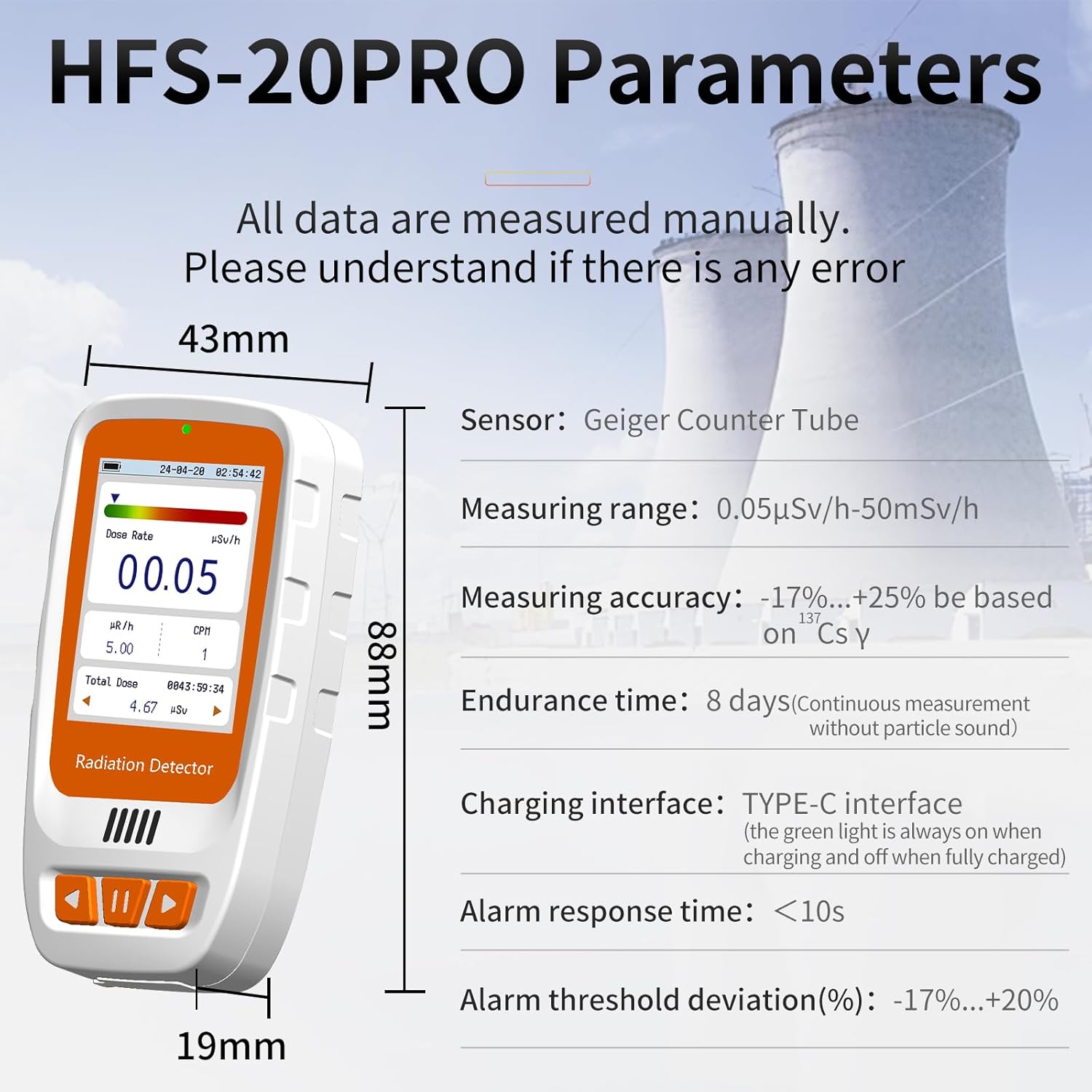 HFS-20PRO Radiation Detector – Portable Digital Dosimeter with Color Display, Real-Time X-Ray & Gamma Detection, Semiconductor Sensor, Rechargeable for Home, Lab, Nuclear Safety