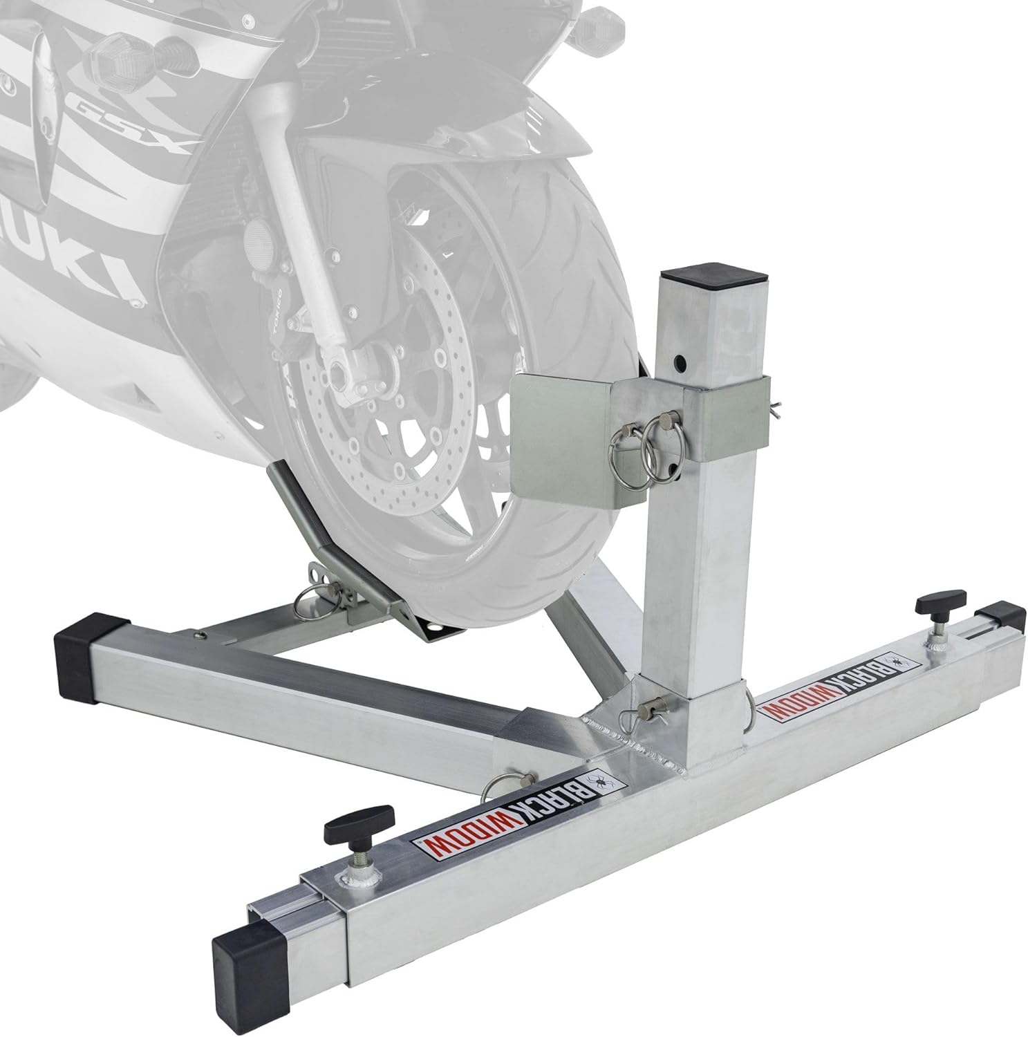 Black Widow Motorcycle Wheel Chock Fully Adjustable Freestanding No Drill Strong Lightweight Aluminum for Truck Trailer Garage Showroom