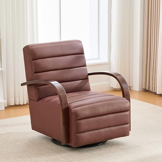 Swivel Accent Chair, Mid Century Modern Swivel Barrel Chair for Living Room, Comfy Upholstered Tufted Accent Chair with Wood Arm, 360 Degree Armchair for Bedroom, PU Leather, Brown
