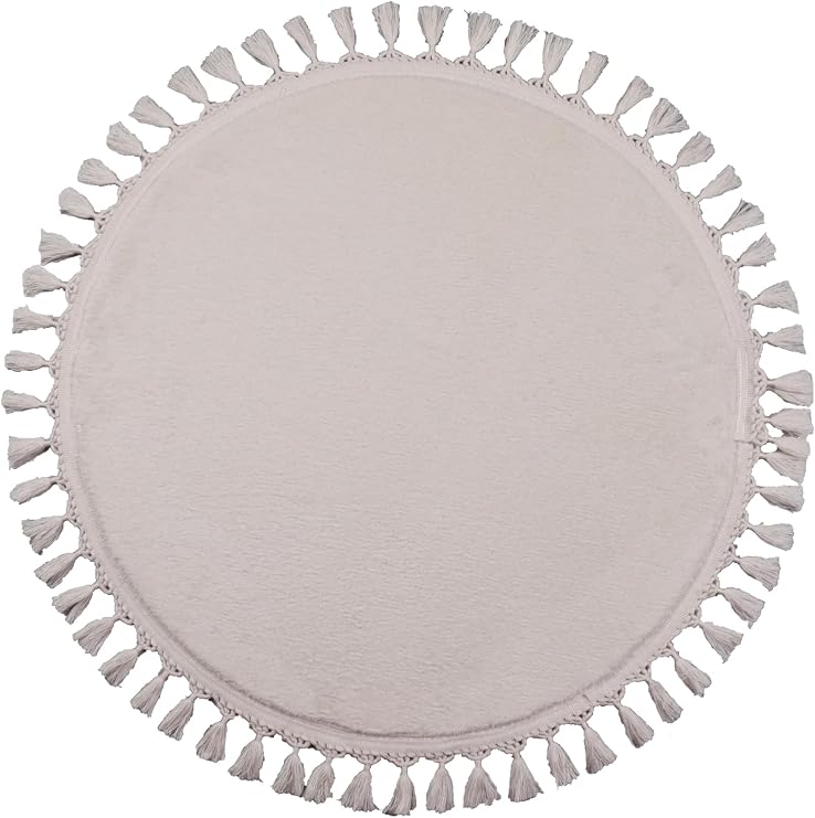 my evilla Modern Dekoratif Yuvarlak Puffy Peluş Ponpon Saçaklı Salon Oturma Odası Halısı Krem 200 x 200