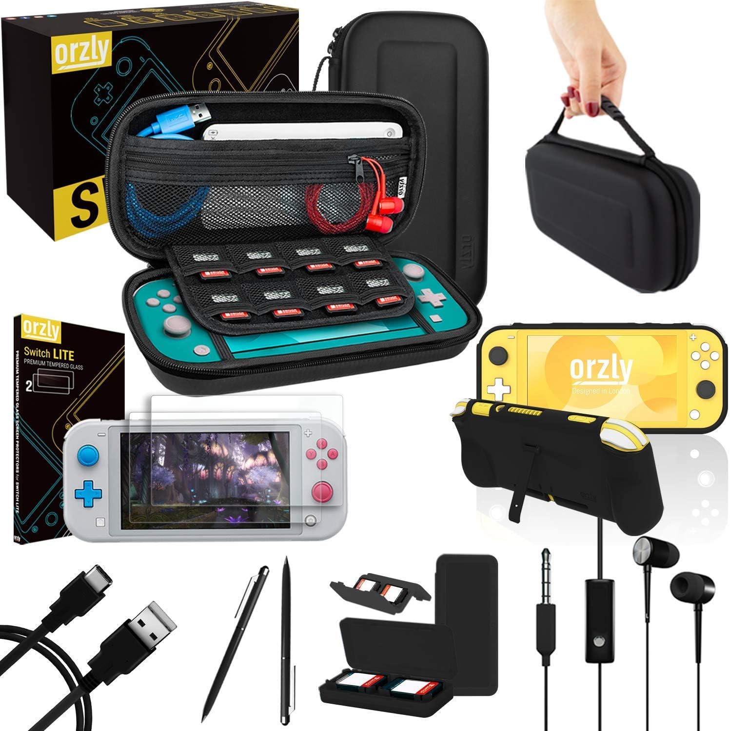 Orzly Accessories Bundle Includes Carry Case and Screen Protector for Nintendo Switch Lite Console (2019), USB Cable, Games Holder, Comfort, Headphones, Thumb-Grip Pack and more included