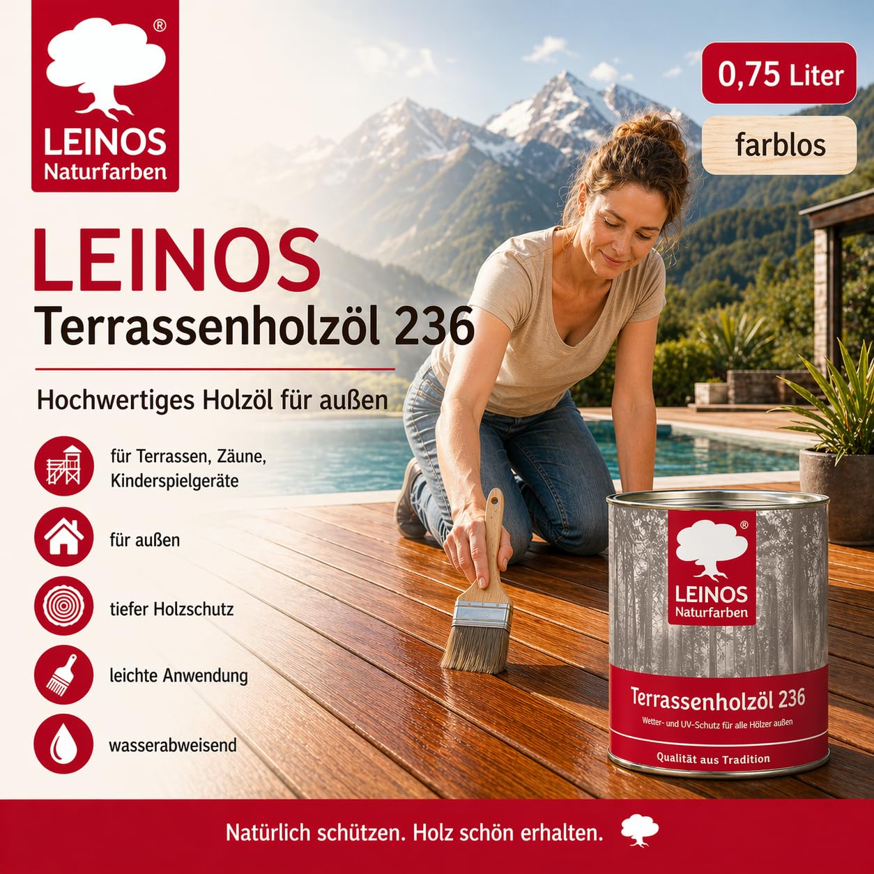 Leinos 236 naturalny olej do drewna na zewnątrz 002 bezbarwny 0,75 l