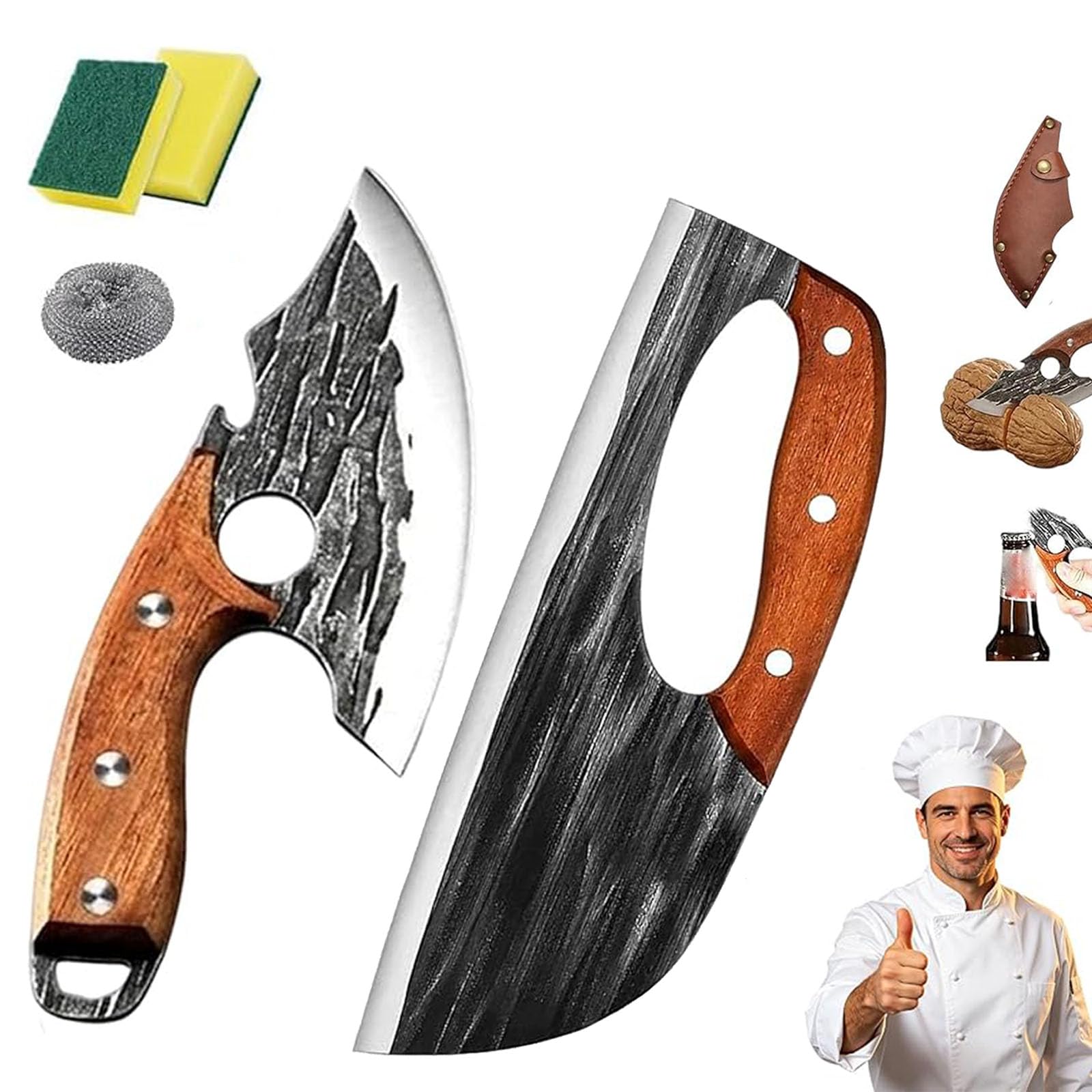 Hachoir de cuisine forgé main et couteau de chef ergonomique bois