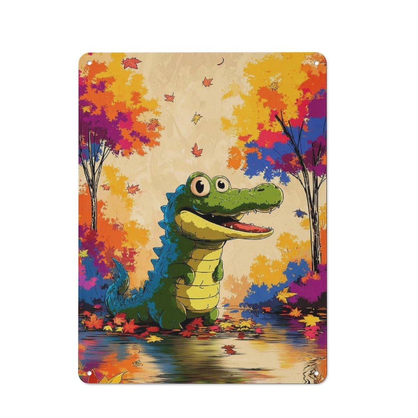 Junmoney Autumn Crocodile In Colors Vintage Tin Wall Plaque 40X30cm For Studio Or Craft Room, For Garage, Workshop And Man Cave Decoration