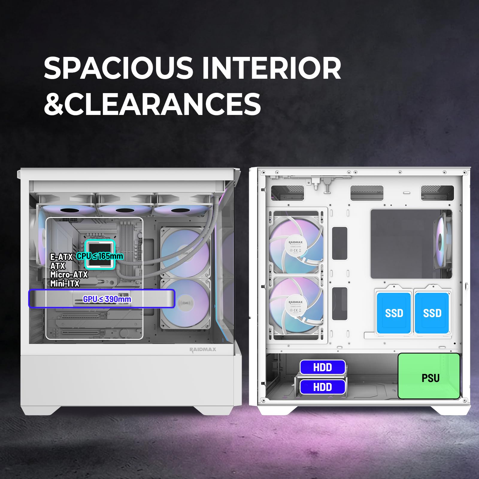 RAIDMAX i812 - Custodia per PC da gioco panoramica, innovativa vetrina in vetro temperato con pannello frontale a strisce LED ARGB, 3 ventole ARGB da 120 mm preinstallate, supporta AIO da 360 mm e GPU