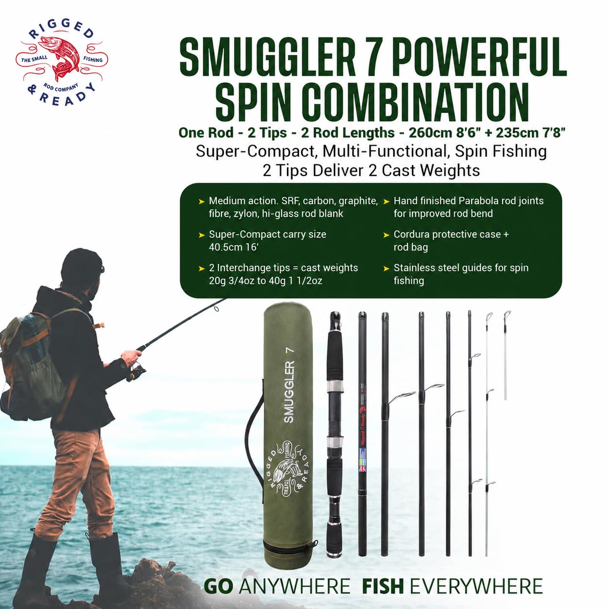 Rigged and Ready Smuggler Series Travel Fishing Rods. 6 Portable, Super Compact Spin, Bass, Carp, lure, Rod Reel Combination and 5 poles + Case. 2 or 4 tips for Freshwater and Saltwater fishing