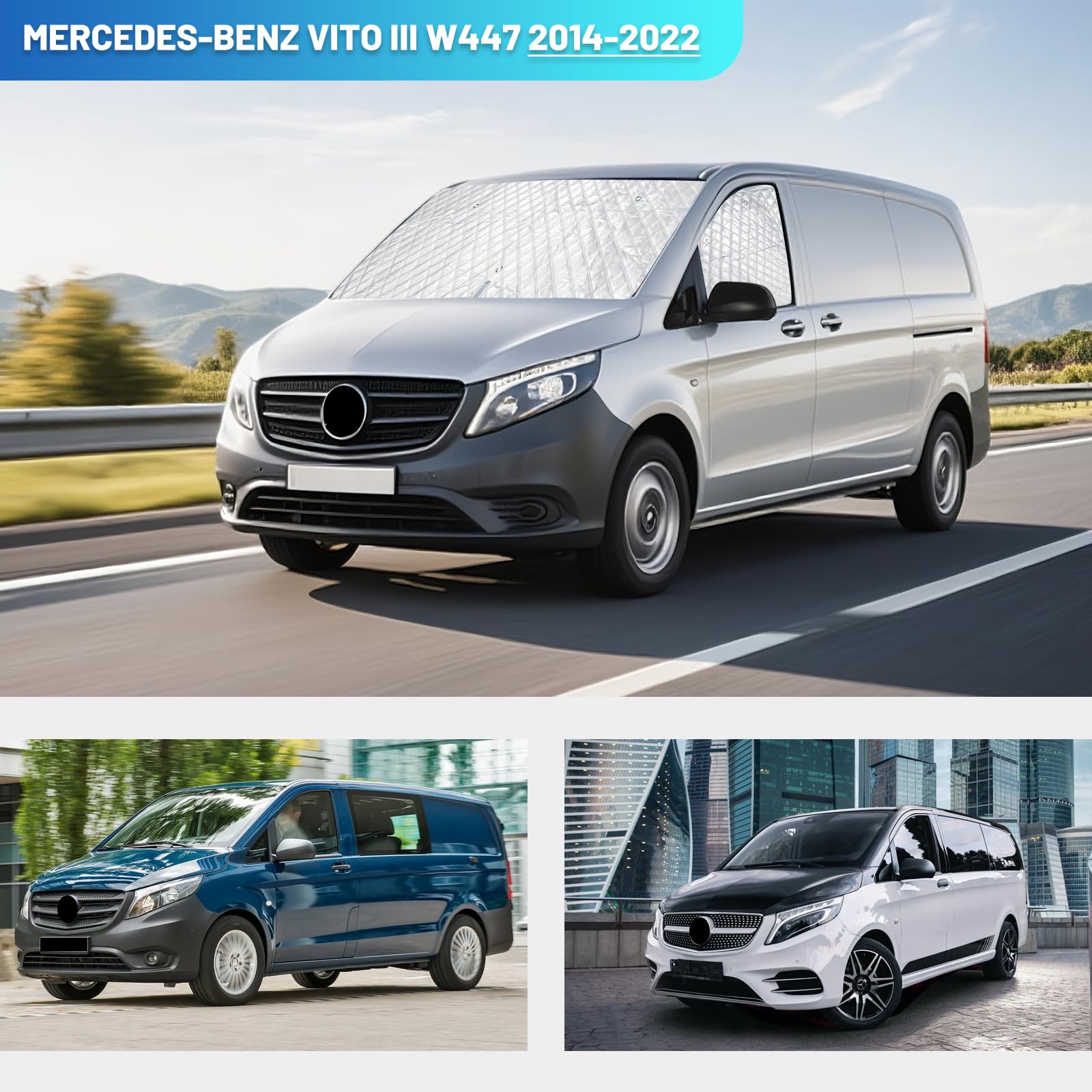 Osłona przeciwsłoneczna na szybę przednią dla Mercedes-Benz VITO III W447 2014-2022, tkanina Oxford 600D 100% blokująca światło, wodoodporna, odporna na UV/mróz (do wnętrza, Vito W447 2014-2022)