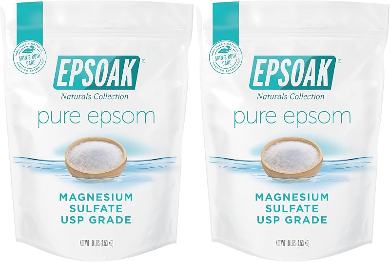 Epsoak Sal de Epsom sem fragrância com sulfato de magnésio USP, saco reutilizável, 4,54 kg, Pacote com 2