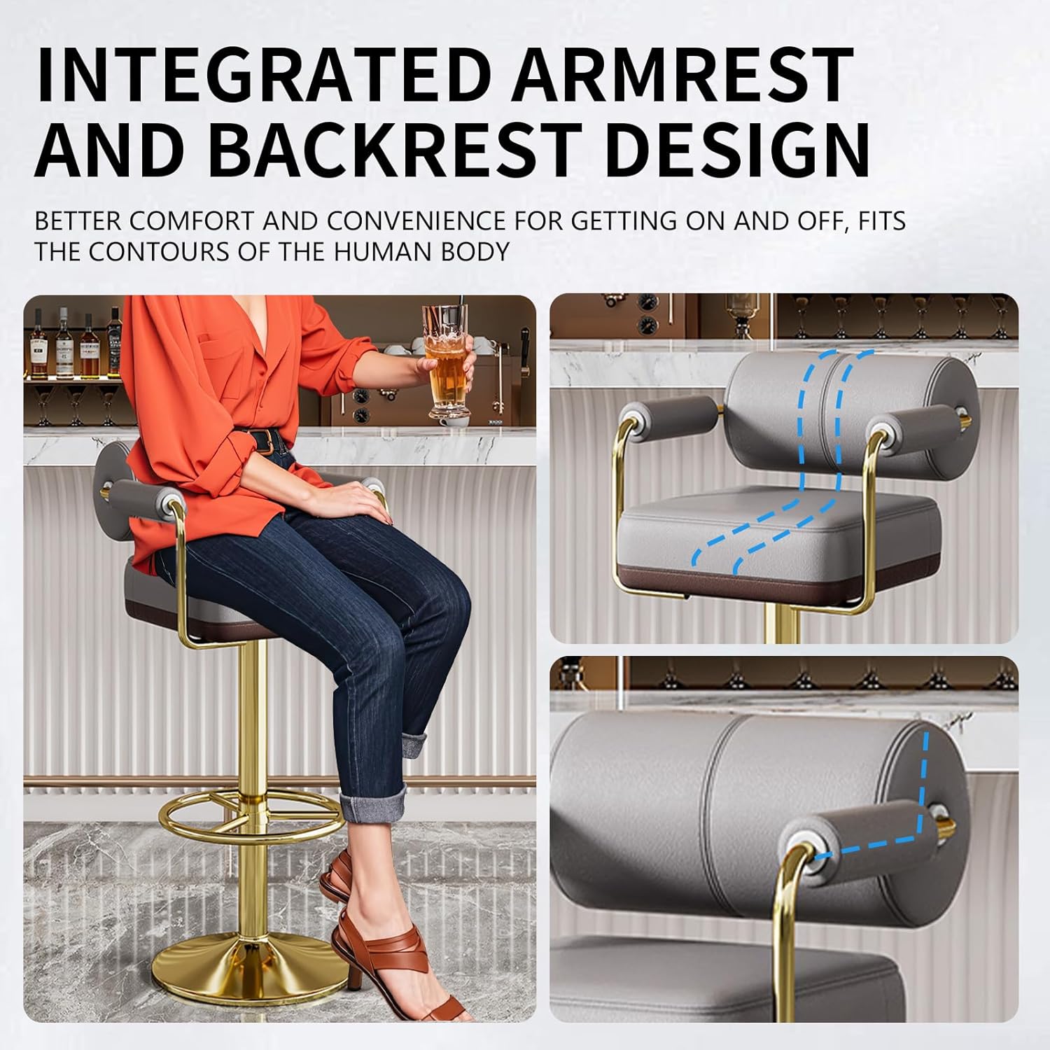 Extra Tall Bar Stools 35” Height - Swivel Counter Chair for Kitchen Island, Modern White Faux Leather Adjustable Barstool with Arms and Footrest,Grey