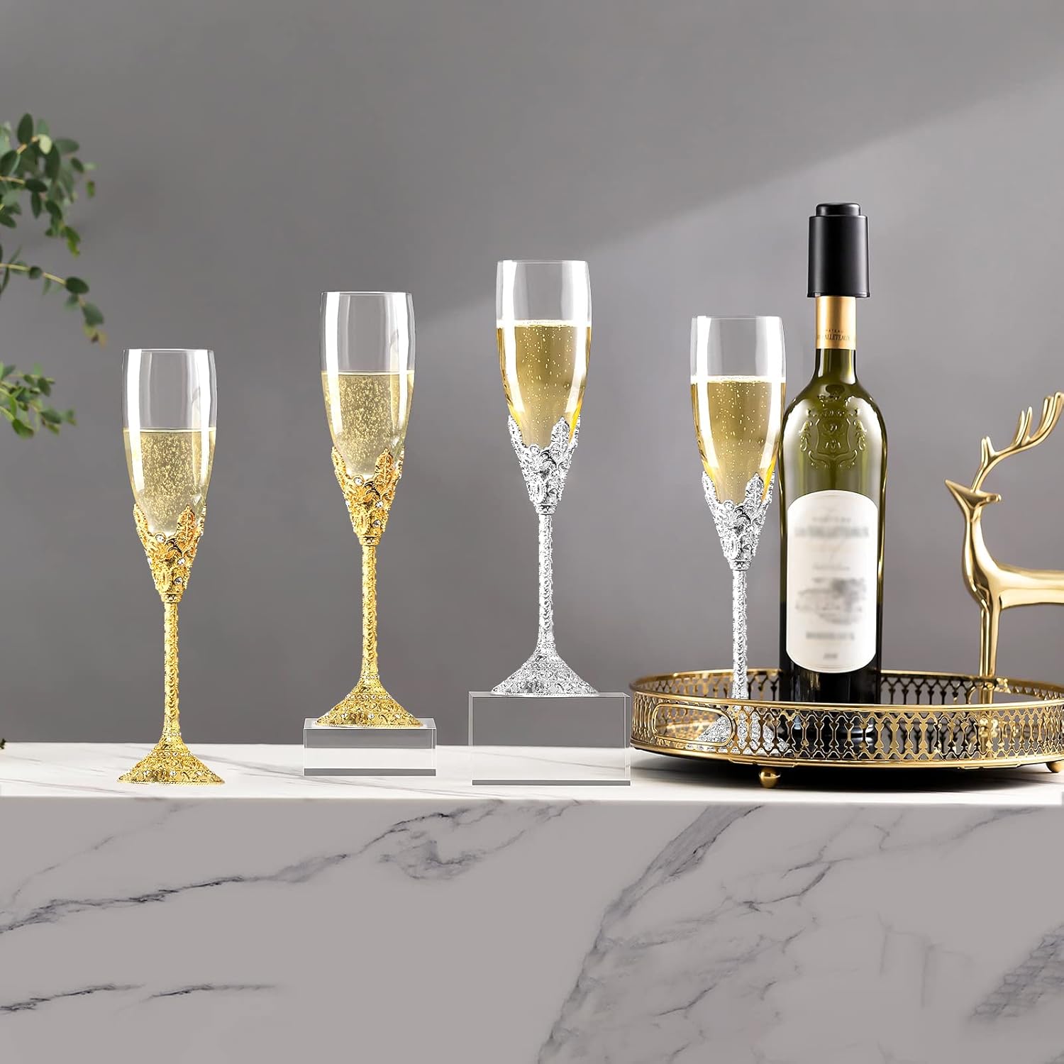 Champagne Flutes - Set of 2 Champagne Glasses,Toasting Flute Pair,Crystal Glasses&Metal Base, Wedding Anniversary, Party Birthday Banquets,Gifts for Bride and Groom 6 oz-Silver - Image 3