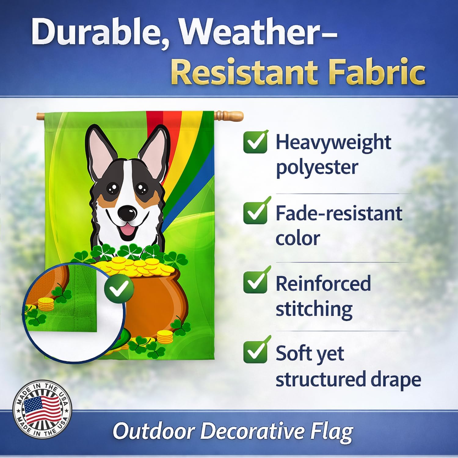 Caroline's Treasures BB1999CHF Tricolor Corgi St. Patrick's Day House Flag Large Porch Sleeve Pole Decorative Outside Yard Banner Artwork Wall Hanging, Polyester, House Size, Multicolor