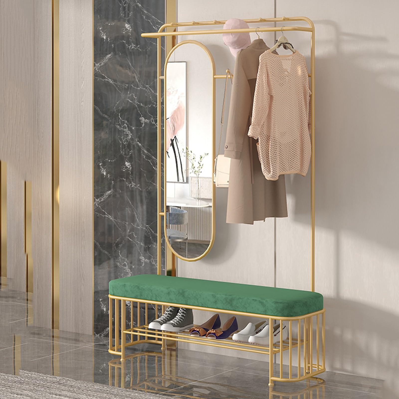 FGXHHS Green Freestanding Shoe Coat Rack with Mirror - Entryway Sto Shelf & Hoo, Space-Saving Tree for Hallway, Bedroom, Mudroom, Living Room (60cm)
