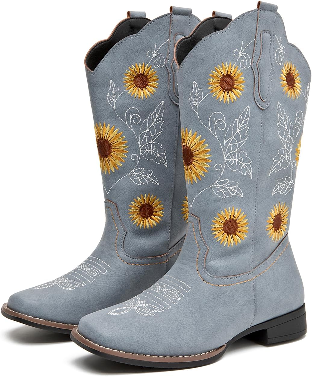 gloryinterest Cowboy Boots for Women Mid Calf Cowgirl Western Boots Sunflower Embroidery Stitched Square Toe Low Heel Black Brown Yellow US6-10.5