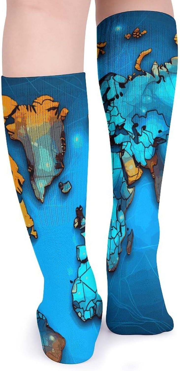 Breathable Crew Sock, Moisture Wicking, Athletic Calf Socks, Cozy | World Map Compression Socks for Women Men, Lightweight High Work Socks for Business, Casual