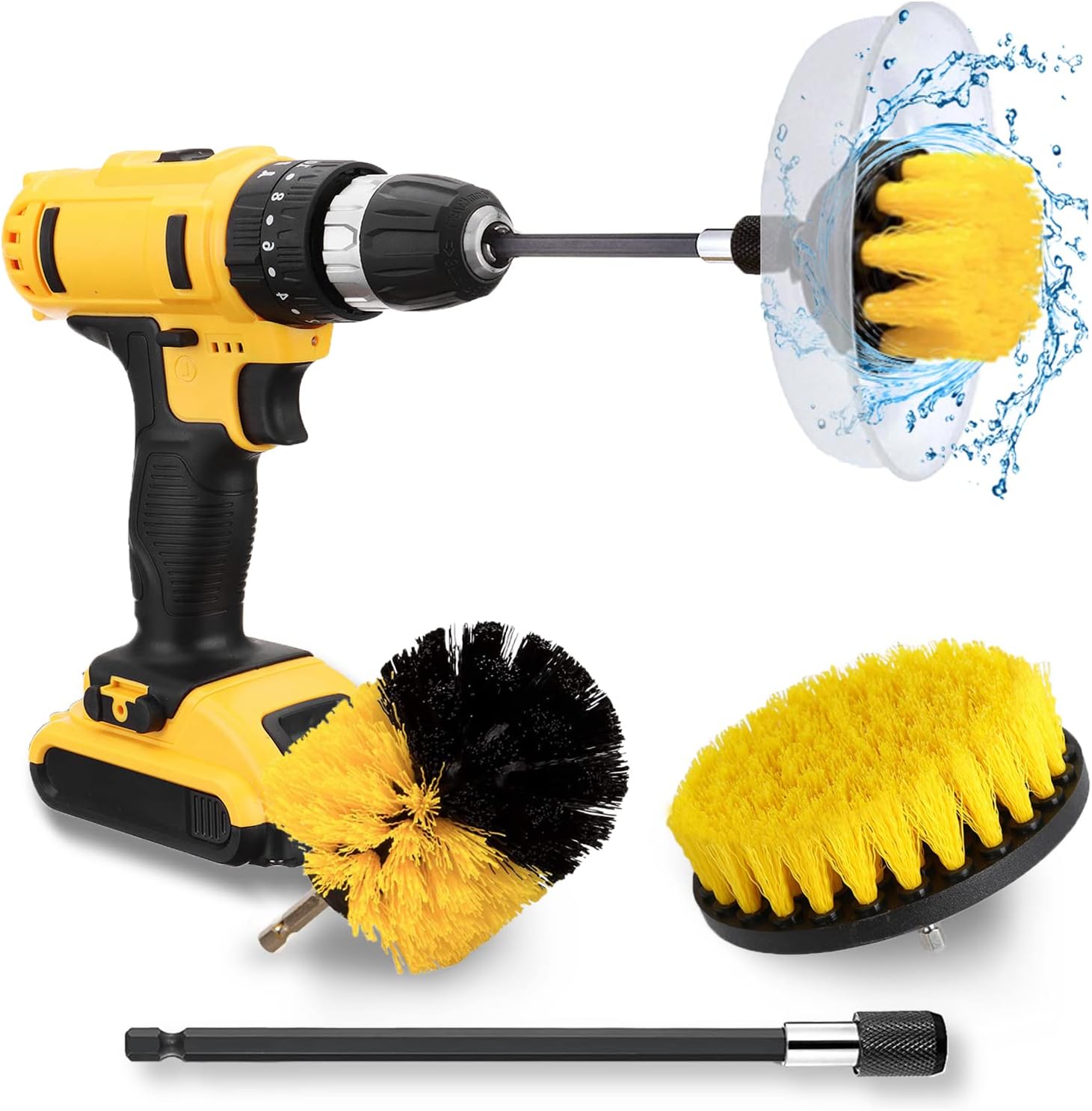 ComfiTime 5PCS Drill Brush Set – Heavy Duty Attachment w/ Splash Shield, Motorized Cleaning Brush, Power Scrubber for Car Detailing, Shower, Bathtub, Tile and Household Cleaning, Yellow & Black