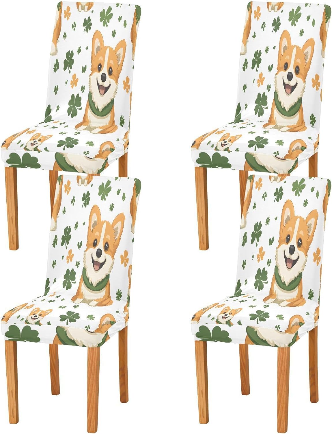 ALAZA Chair Covers for Dining Room, Corgi Pattern Four Leaf Clover Stretch Chair Cover Sets Chair Protector Removable Washable for Ktichen Restaurant Hotel