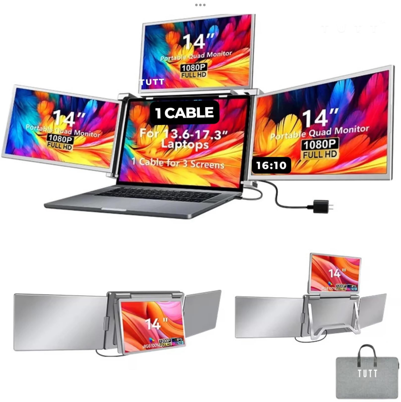 TUTT 14” Quad Screen Extender | Single Cable Setup | 16:10 IPS