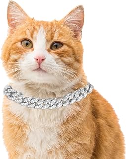 Halukakah Cat Collar - Carat - Iced Out Diamond Cuban Link Gold Chain for Cats & Kittens - Platinum Plated 12" Collar Size - for Decoration Only - Get Your Cat Catwalk Ready