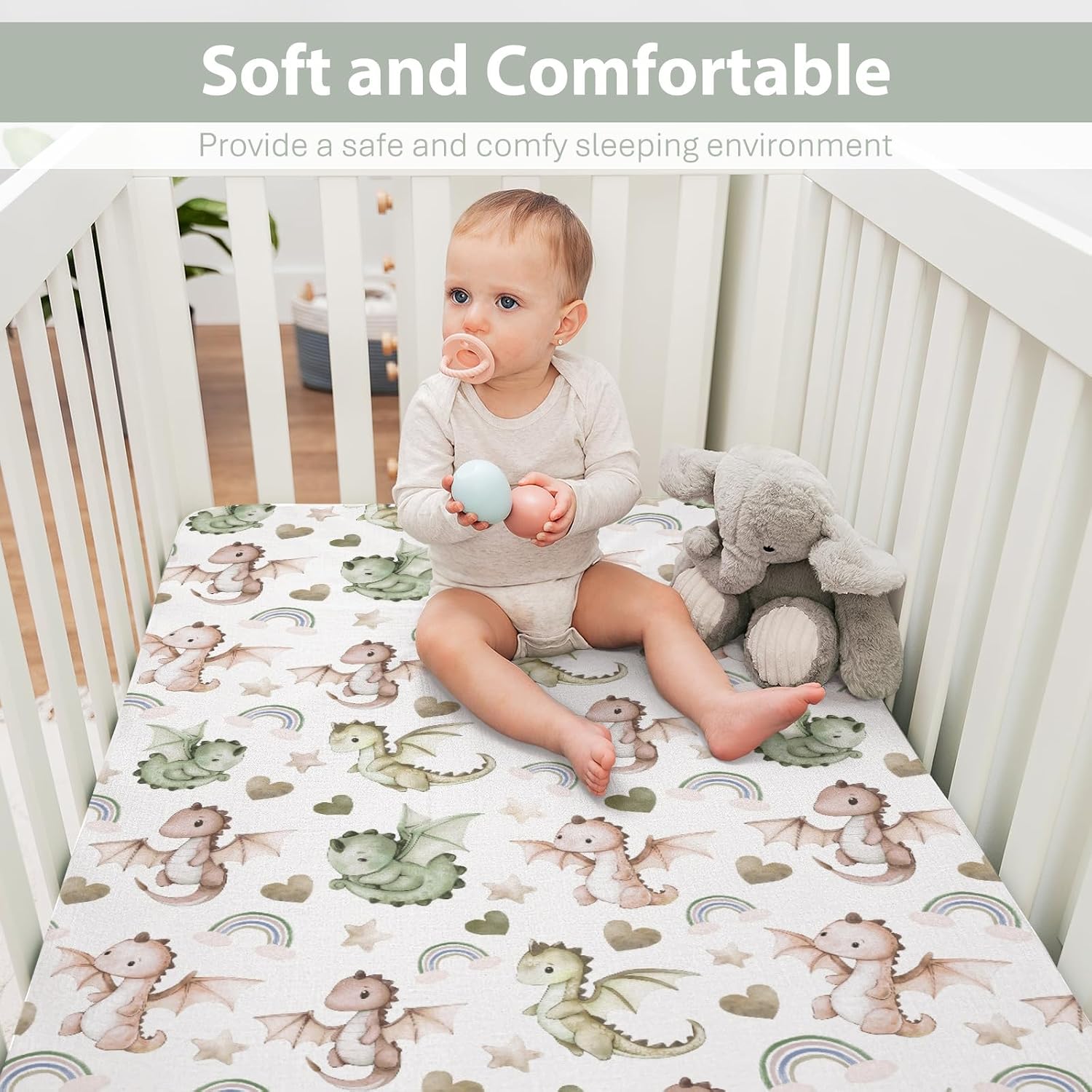Fairytale Dragon Love Stars Baby Crib Sheets for Boy Girl 52"x28" Dragons Green Soft Snug Fitted Crib Mattress Cover Fantasy Animal Baby Sheet for Standard Crib & Toddler Bed Mattress