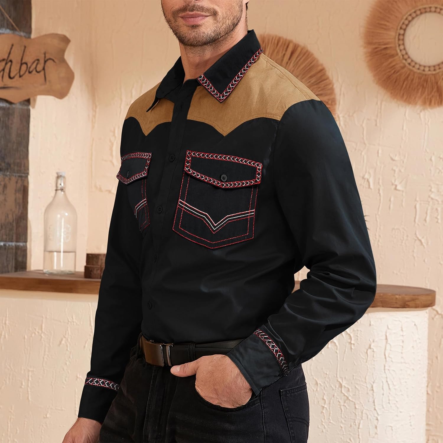 American Trends Mens Western Shirts Long Sleeve Cowboy Shirts for Men Casual Button Down Shirts Country Shirt - Image 3