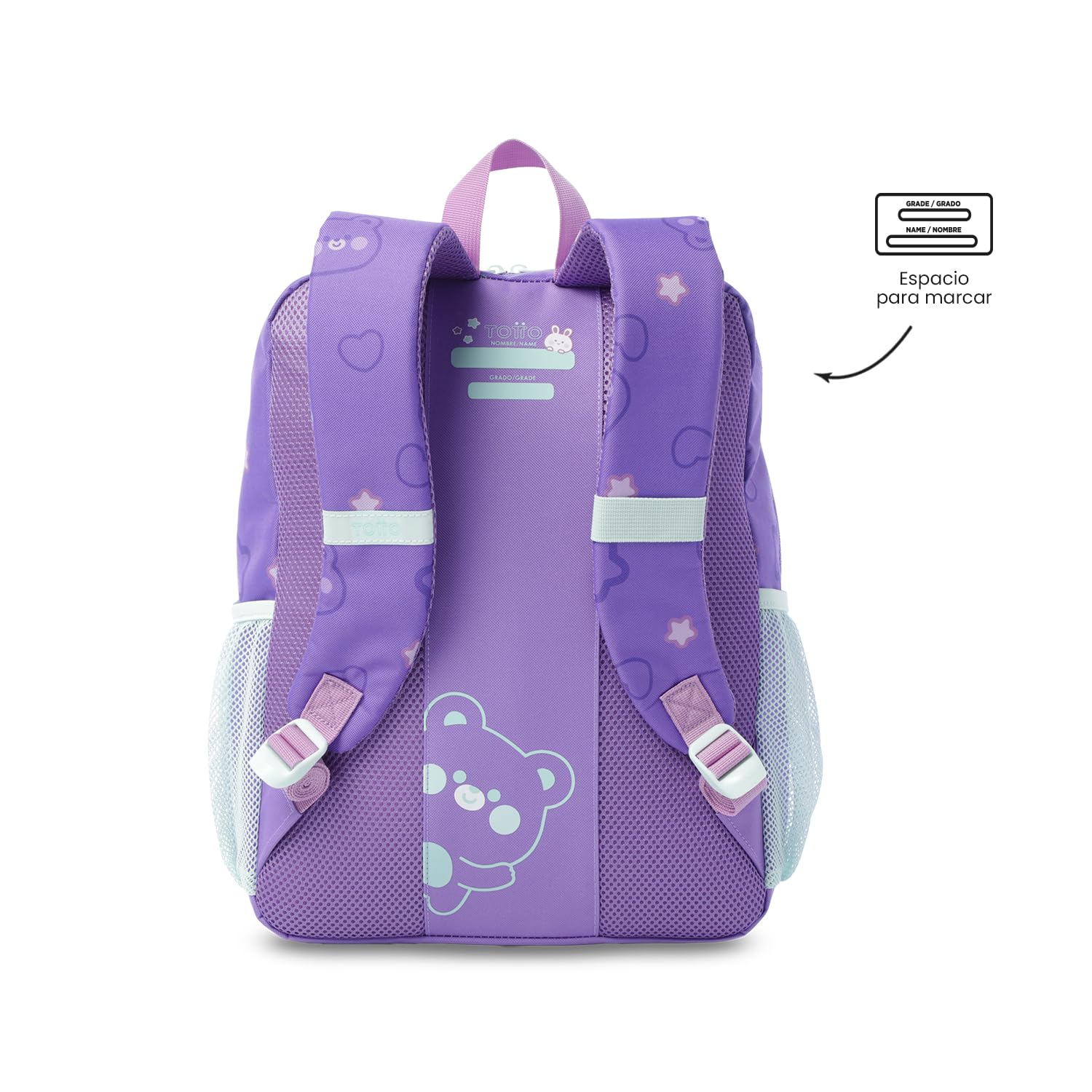 TOTTO - Mochila Escolar, Modelo Friends Party M, Mochila Mediana, Capacidad 18L, 2 Compartimentos Delanteros, Bolsillos Botella, Organizador Interno, Correas Acolchadas, Resistente, Estampado Morado