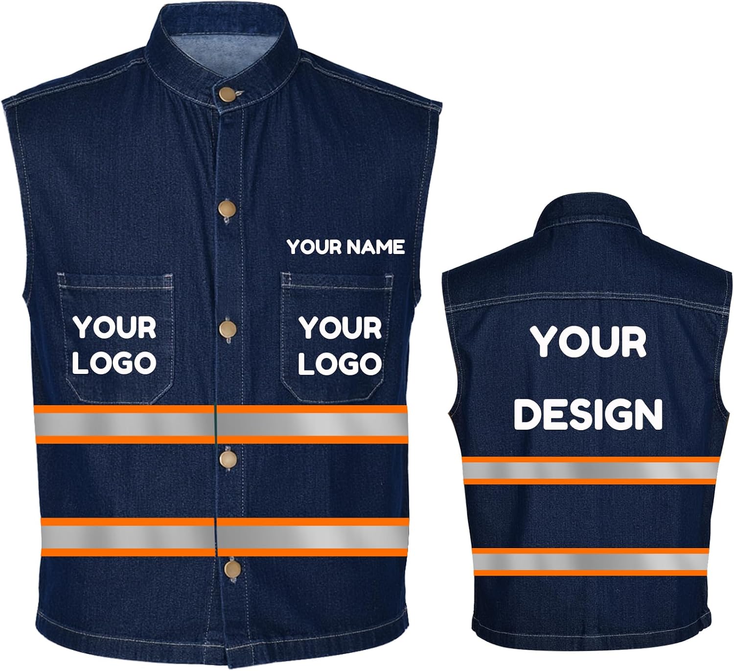Men's Reflective Safety Denim Vest，Custom Safety Outdoor Denim Work Vest with Hi-Vis Stripes for Night Commute