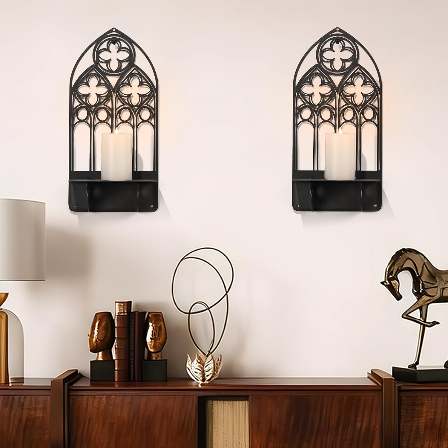 Arch Cathedral Metal Candle Holder, Black Metal Candle Holder, Black Candle Holders, Arch Wall Decor for Living Room, Church, Fireplace(Black 2, 5.9X12inches,2 Pieces)
