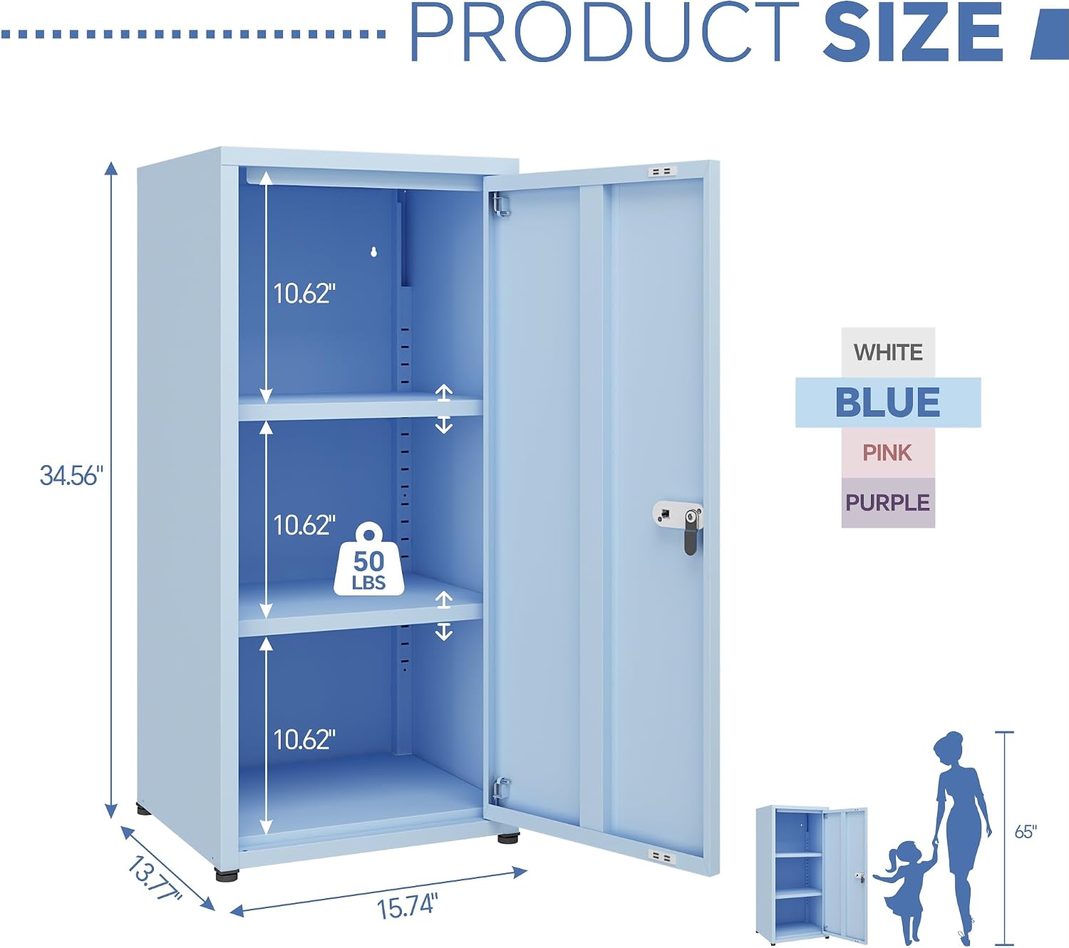MIOCASA Metal Storage Cabinet with Lock, 3 Adjustable Shelves Single Door Steel Locker for Home, Office & Garage (Blue)