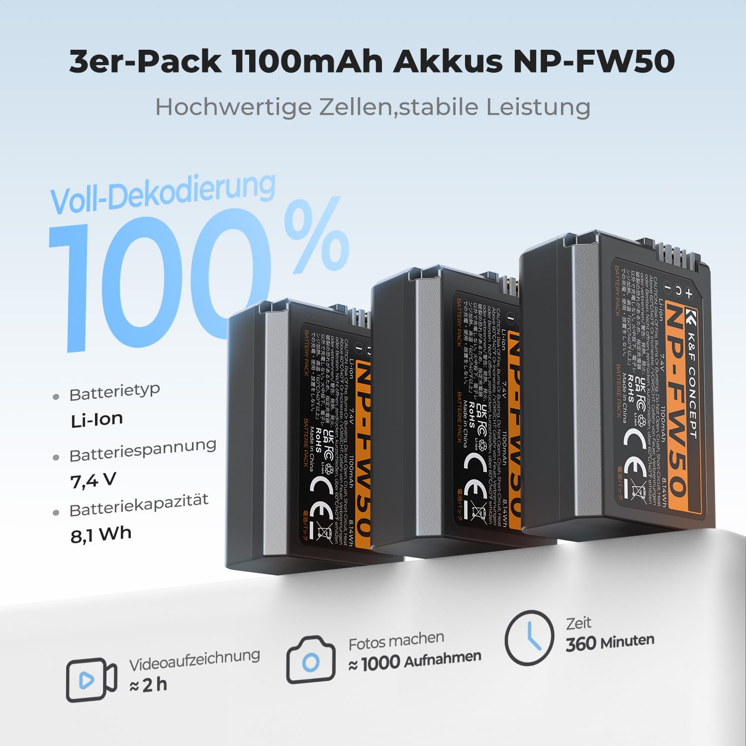 K&F CONCEPT NP-FW50 1100mAh Akku (3er-Pack) und DREI-Slot LCD Ladegerät Kit für Sony ZV-E10, Alpha A6000, A6300, A6400, A6500, A5000, A5100, a7, a7II, a7R, a7RII, a7S, a7SII