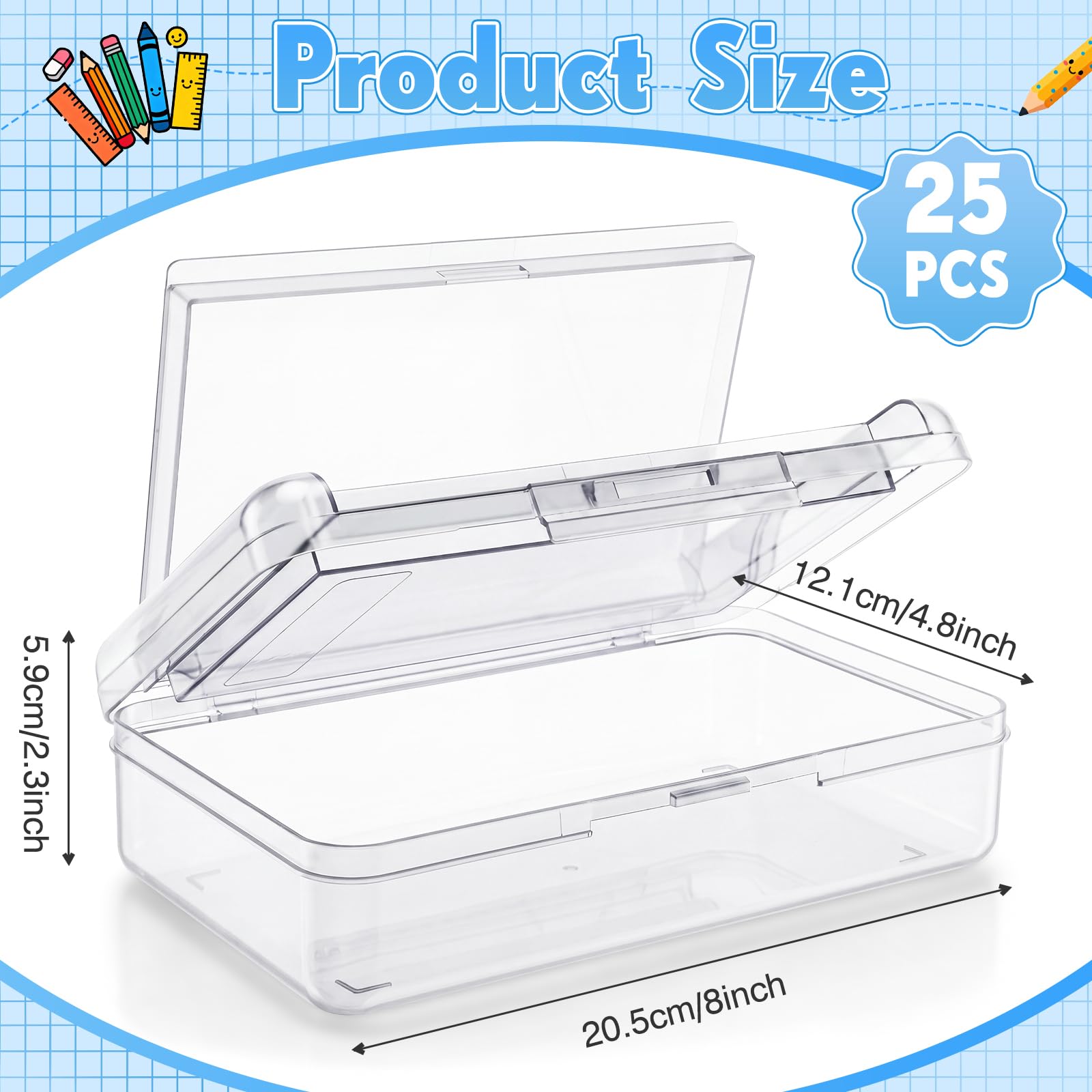 Blulu Confezione da 25 astucci a doppio strato, 20 x 12,4 x 5,8 cm, in plastica, con coperchio a scatto, design impilabile, per scuola, ufficio, organizzazione (trasparente)