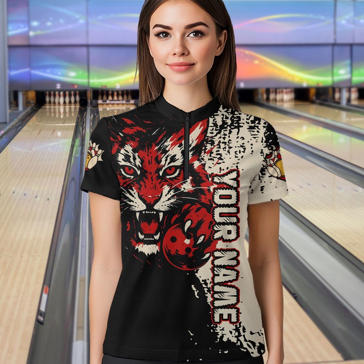 Tiger Bowling Shirts for Team Custom Bowling Jerseys for Women Men Red and Black Tiger Bowling Polo and 1/4 Zip Shirt