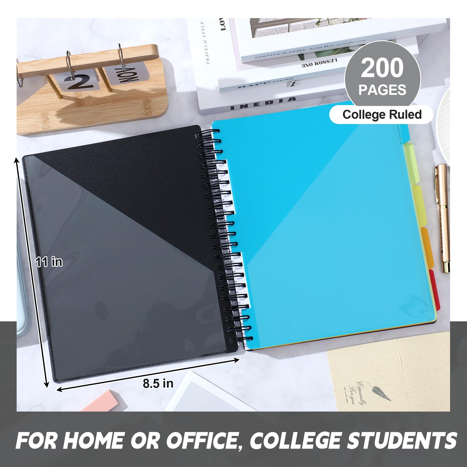 Yeaqee Lot de 4 cahiers à spirales lignés pour 5 sujets - 400 pages (200 feuilles) - 5 sujets - 21,6 x 27,9 cm - Double couverture en polyéthylène - Carnet de notes multi-sujets pour fournitures