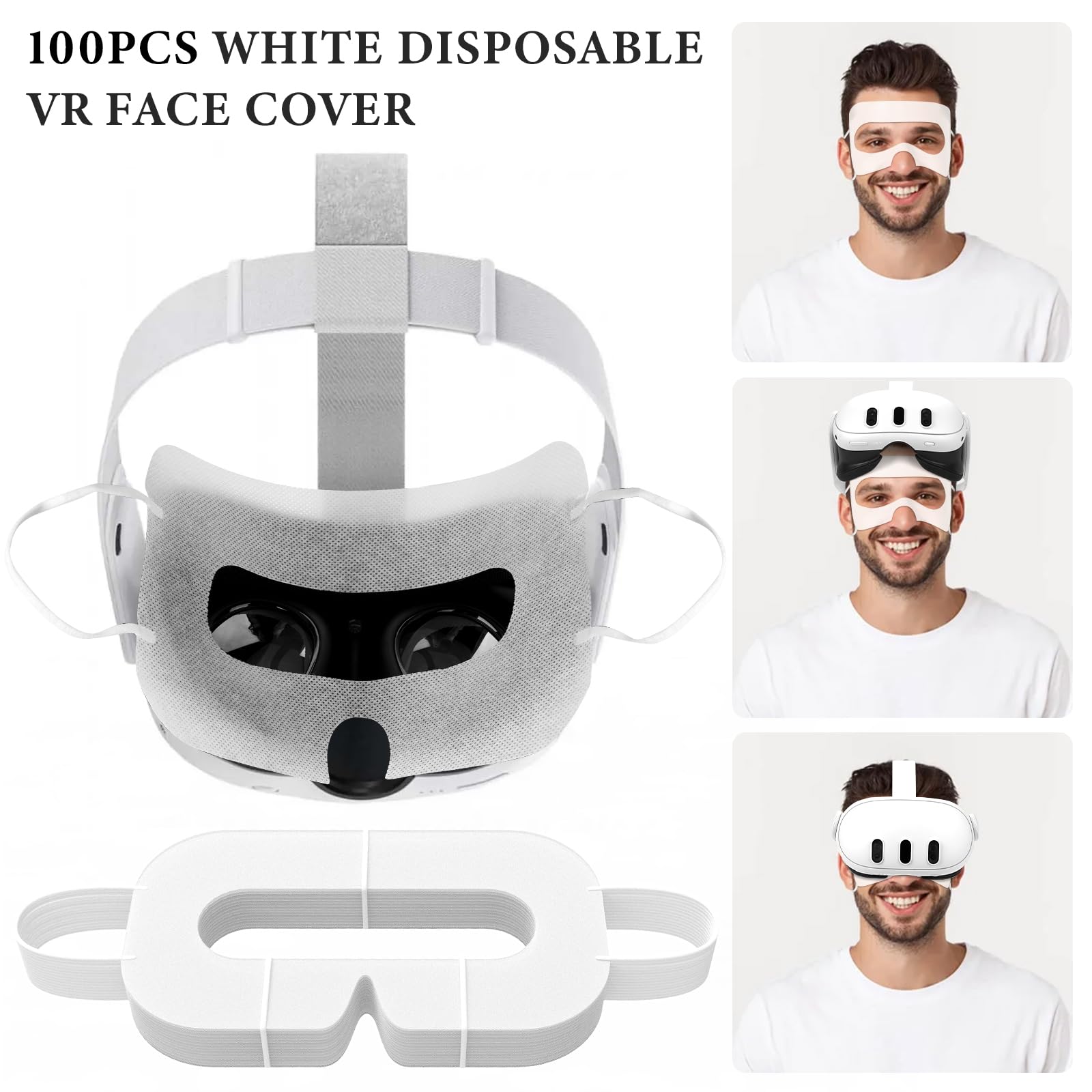 Geekria Lot de 100 Masques VR jetables compatibles Meta Quest 3, Quest 2, Quest Pro, PSVR 2, PICO 3, PICO 4, Protection des Yeux VR Blanc