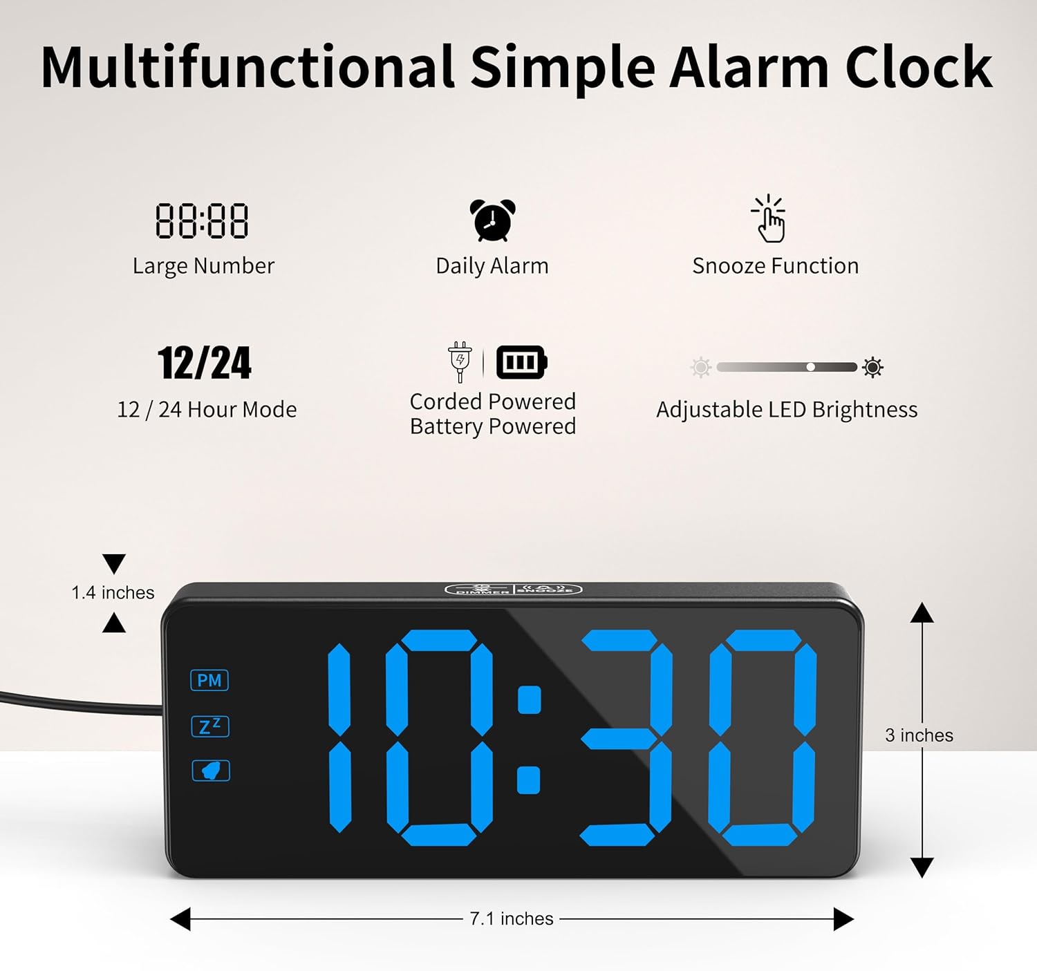 Diagram showing dimensions and features of the KWANWA Digital Alarm Clock