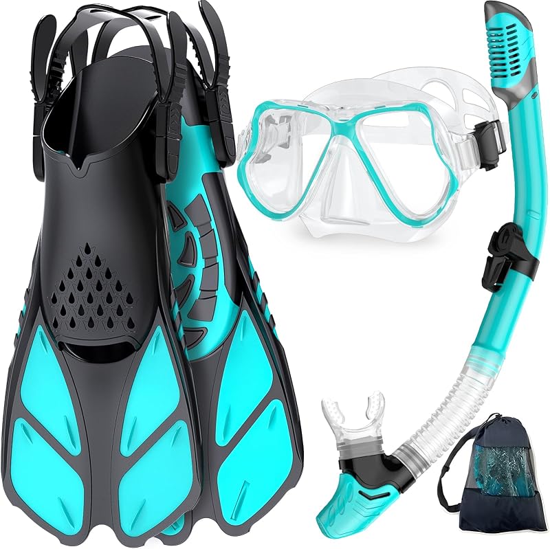 Snorkeling Gear for Adults, Panoramic Mask Anti-Fog & Dry Snorkel | Panoramic anti-fog mask with tempered glass lens, dry top snorkel, adjustable fins & travel bag for swimming and diving