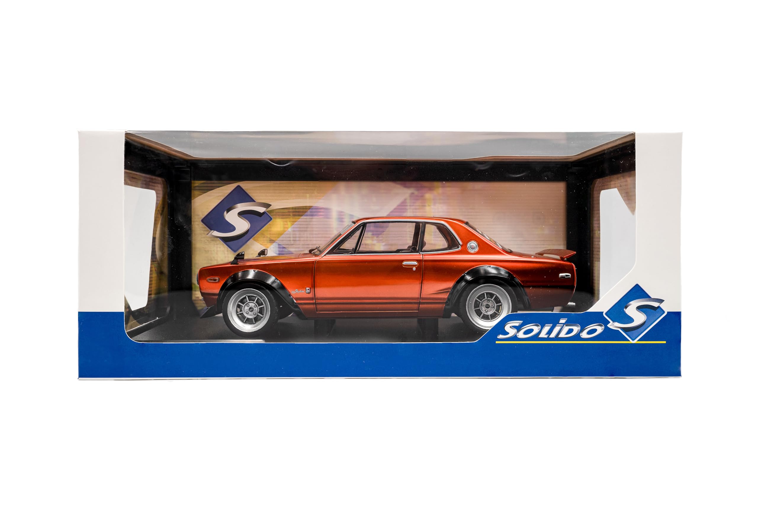 Solido Nissan Skyline C10 Hakosuka Works 1970 – Diecast Voiture de Sport Classique JDM avec Design Widebody – Carrosserie détaillée et Jantes de Course, Orange métallisé, 1:18