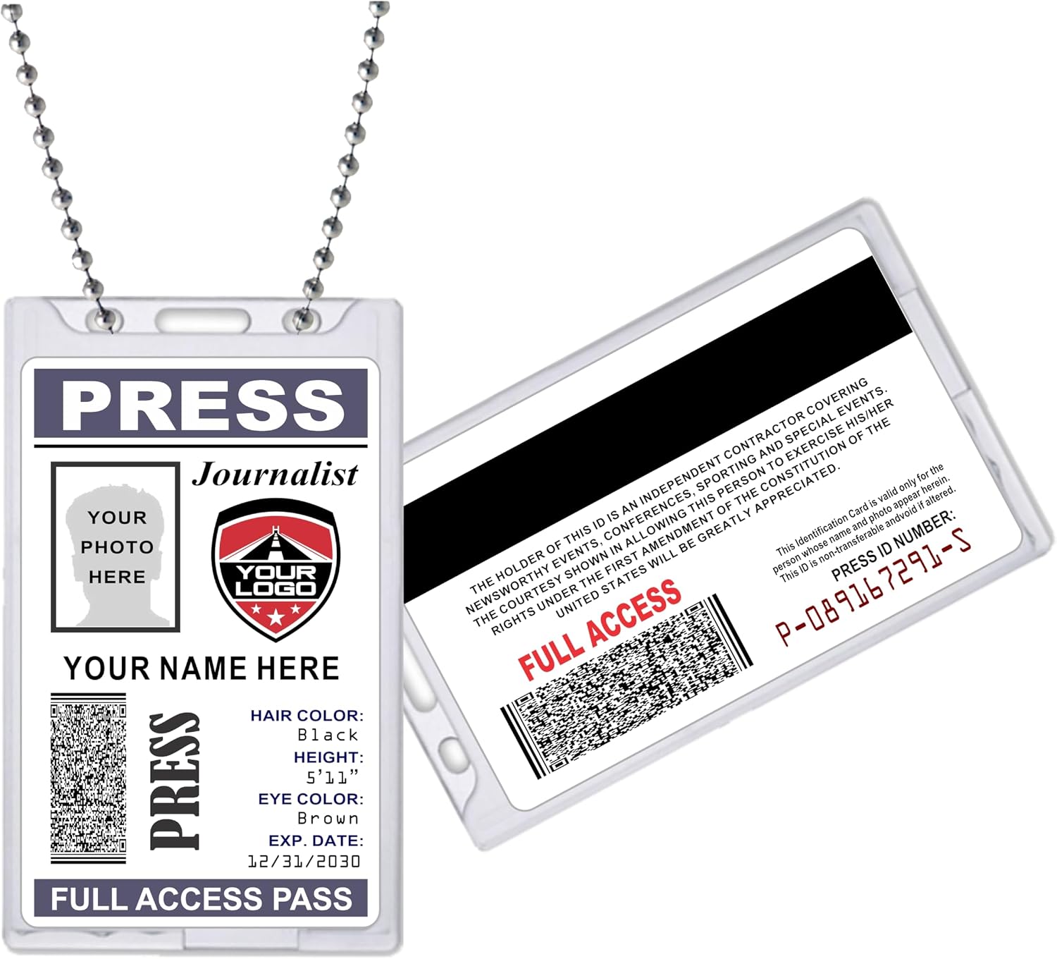Press Pass ID Card - (Customizable) Upload Any Logo - PVC Plastic - Journalist, Photographer, Sportscaster - Made in The U.S.A.