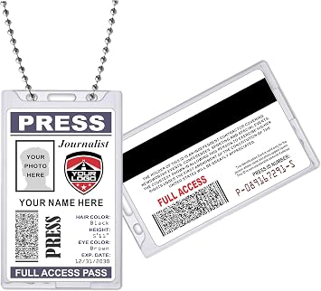 بطاقة هوية Press Pass - تحميل أي شعار قابل للتخصيص - بلاستيك PVC - صحفي، مصور فوتوغرافي، مذيع رياضي - صنع في الولايات المتحدة الأمريكية.