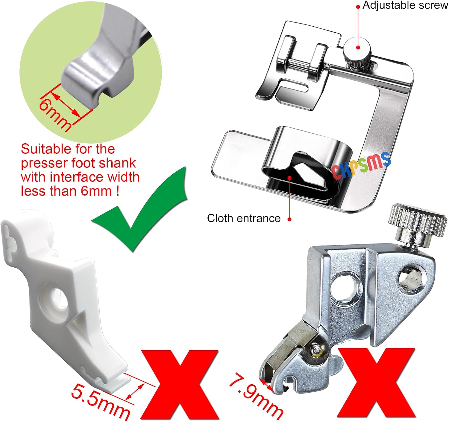CKPSMS Brand -#KP-19051 6 Pieces Rolled Hem Presser Foot Set (3/8",1/2",5/8",3/4",7/8",1") Adjustable Wide Hemmer Foot Set fit for Singer, Brother,Janome (6Sizes Rolled Hem Foot)