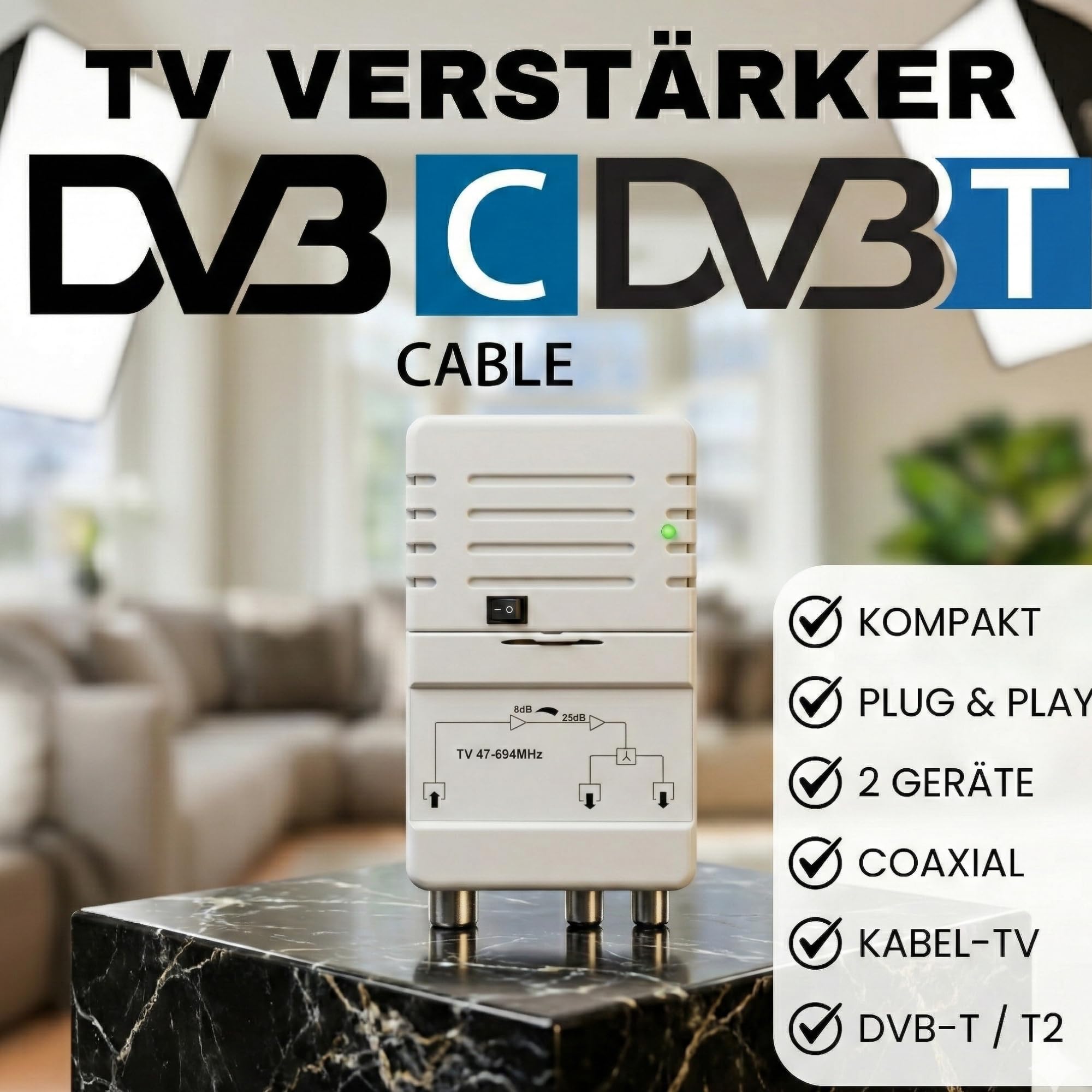 TronicXL Amplificateur de télévision par câble pour HD 3D 4K 8K adapté à PYUR Vodafone (25dB - 2 appareils)